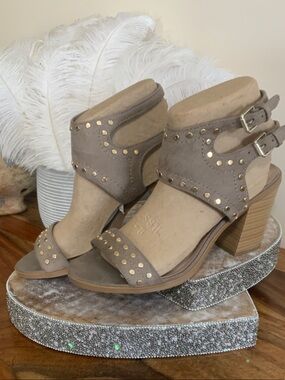 Soda Taupe Suede Studded Block Heel Sandals